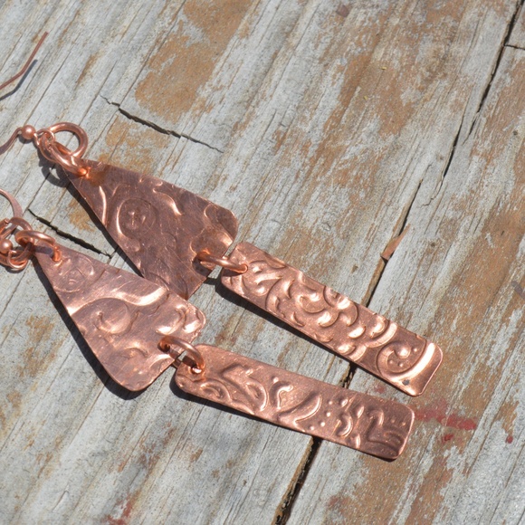 Copper Triangle Rustic Earrings Long Dangle Drop Boho Handmade Artisan Gift - Picture 2 of 7